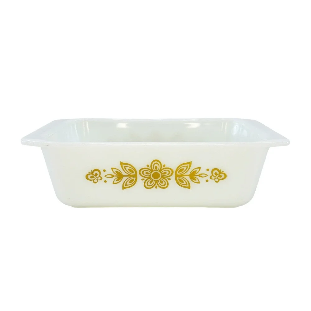 VINTAGE PYREX 913 Loaf Pan • Butterfly gold, white • 8.5